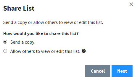 My List share list popup screen shot
